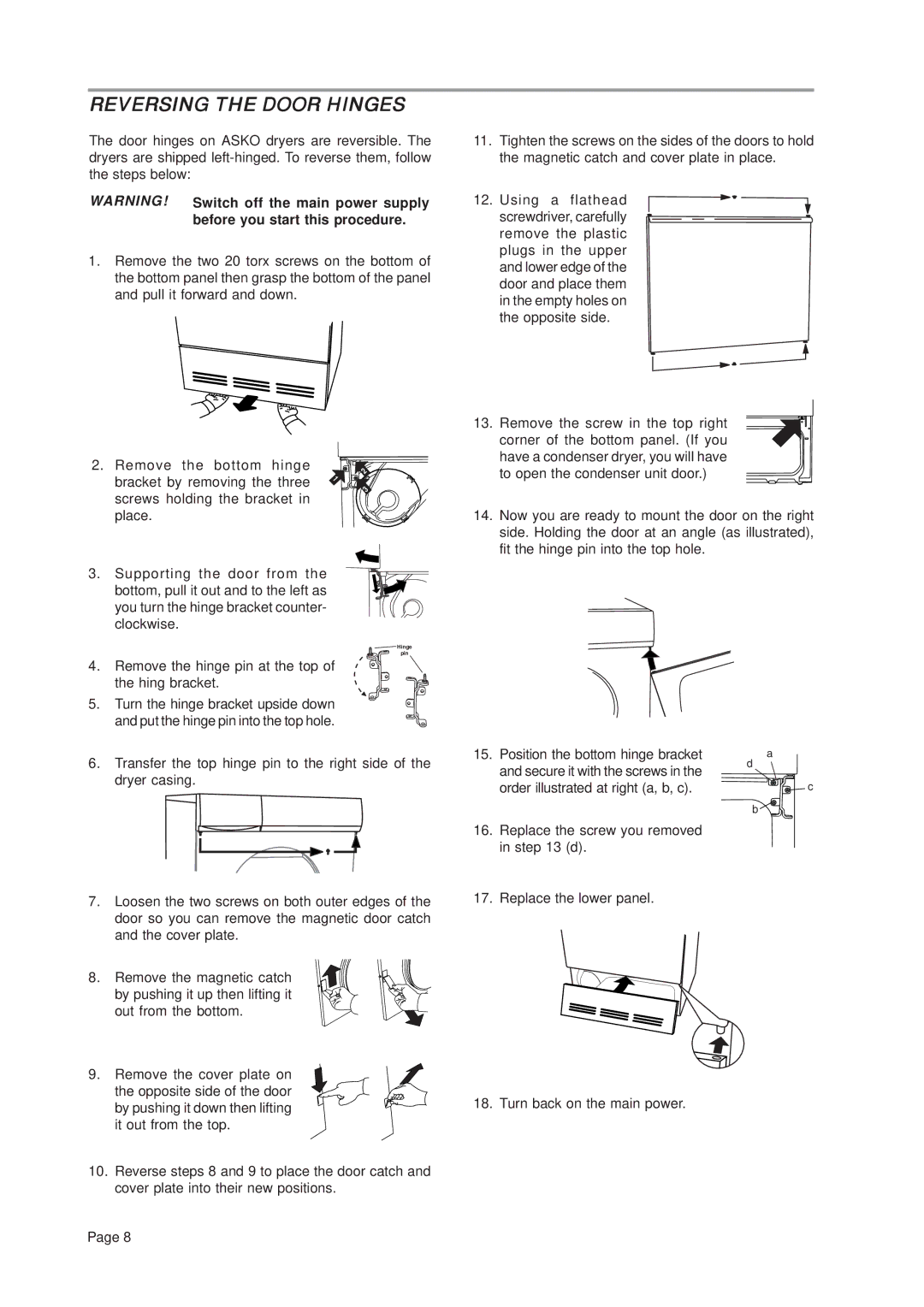 Asko T741C important safety instructions Reversing the Door Hinges 