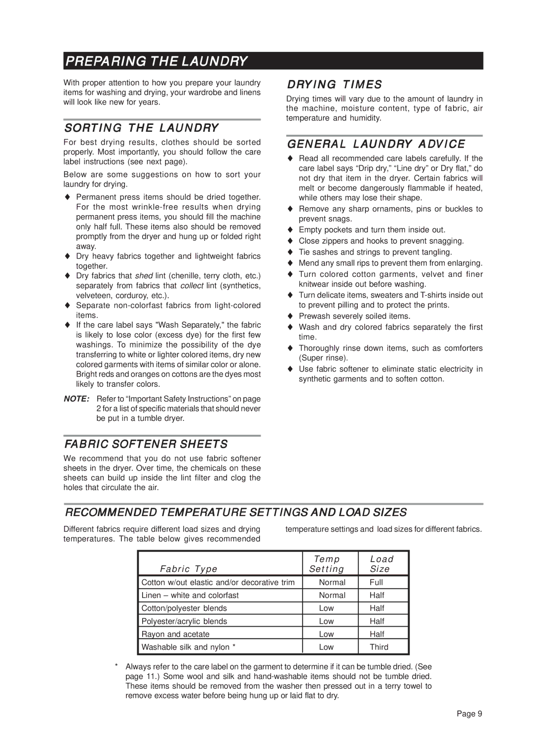 Asko T741C important safety instructions Preparing the Laundry 