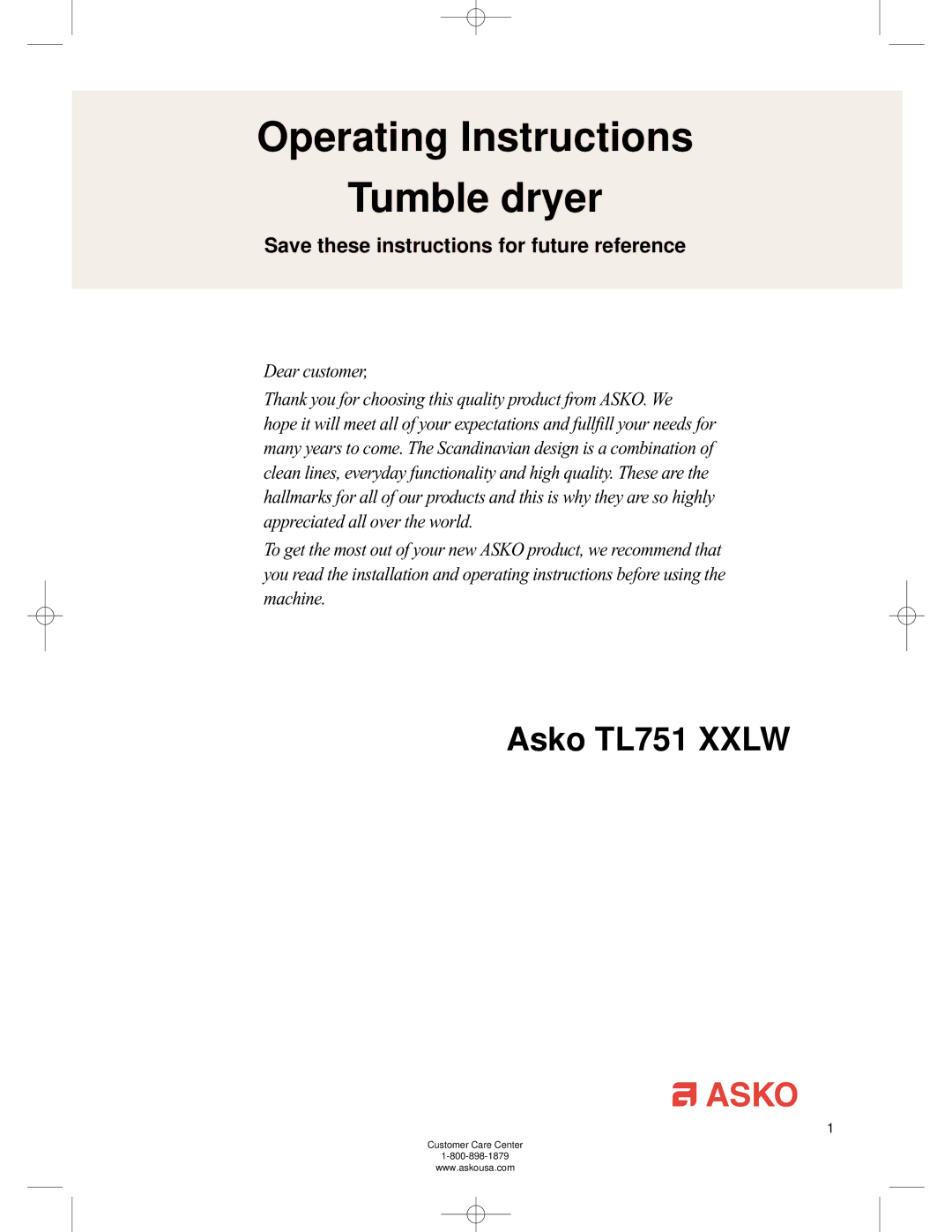 Asko TL751XXL operating instructions Operating Instructions Tumble dryer, Asko TL751 Xxlw 