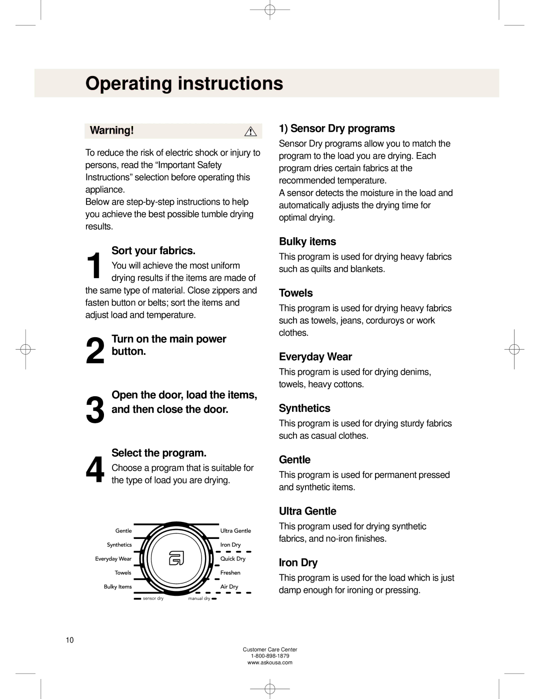 Asko TL751XXL operating instructions Operating instructions 