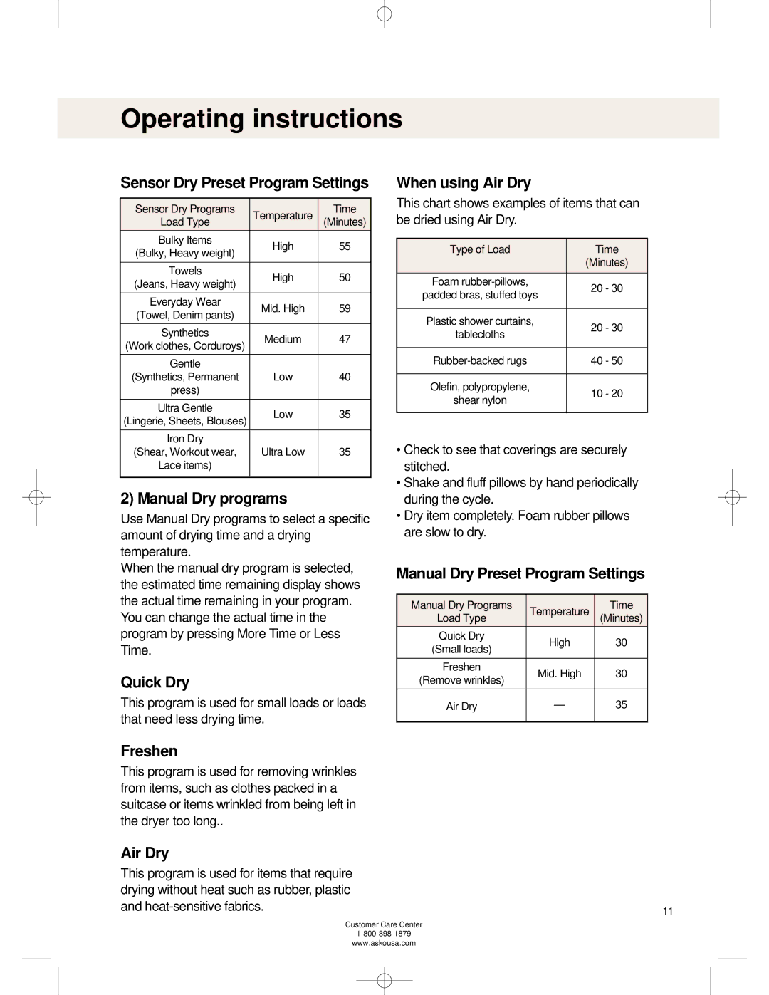 Asko TL751XXL Sensor Dry Preset Program Settings, Manual Dry programs, Quick Dry, Freshen, When using Air Dry 