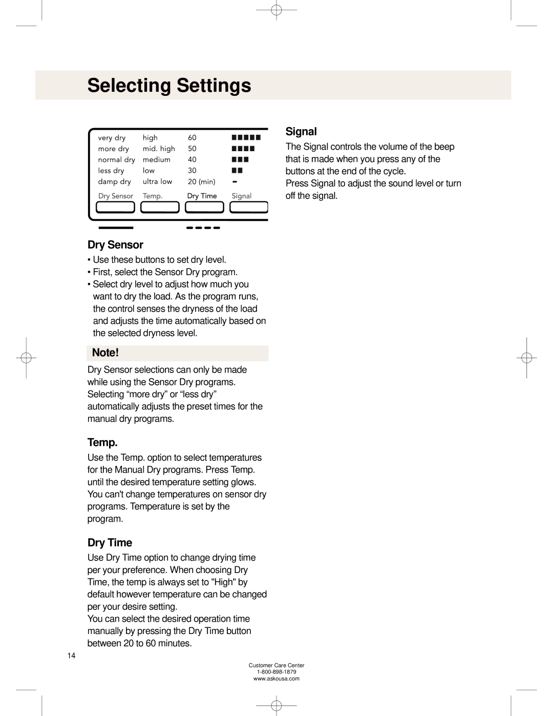 Asko TL751XXL operating instructions Selecting Settings, Signal, Dry Sensor, Temp, Dry Time 