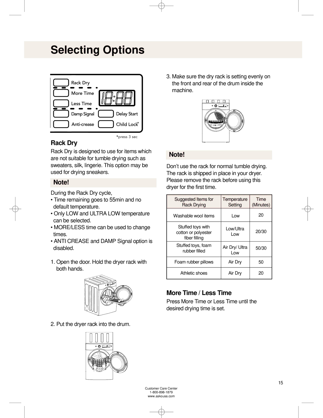 Asko TL751XXL operating instructions Selecting Options, Rack Dry, More Time / Less Time 