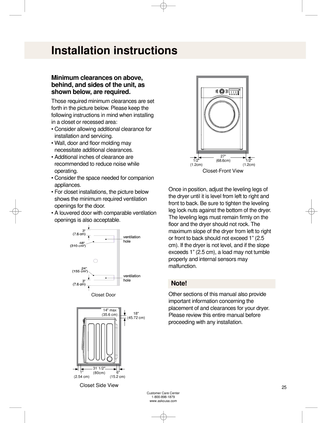 Asko TL751XXL operating instructions Closet Side View 