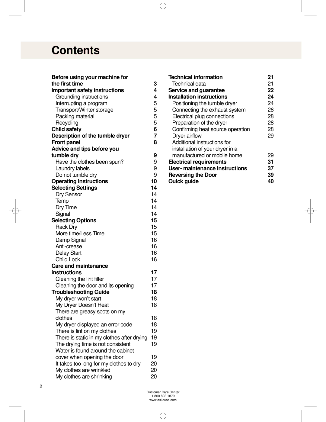 Asko TL751XXL operating instructions Contents 