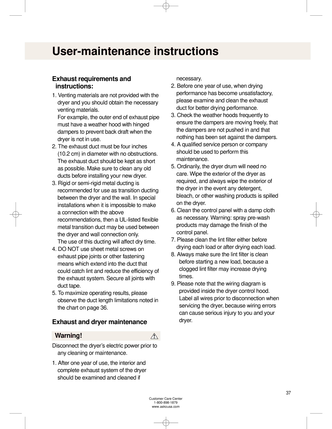 Asko TL751XXL User-maintenance instructions, Exhaust requirements and instructions, Exhaust and dryer maintenance 