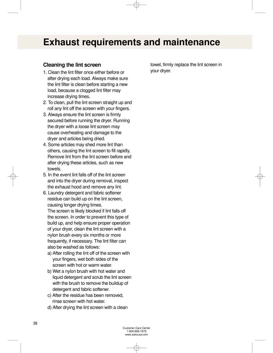 Asko TL751XXL operating instructions Exhaust requirements and maintenance, Cleaning the lint screen 