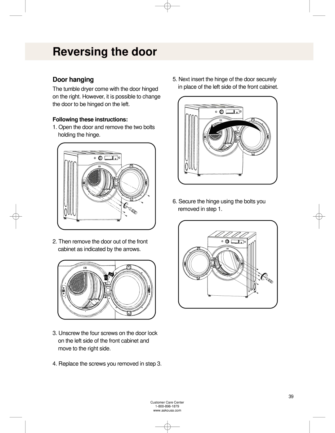 Asko TL751XXL operating instructions Reversing the door, Door hanging, Following these instructions 