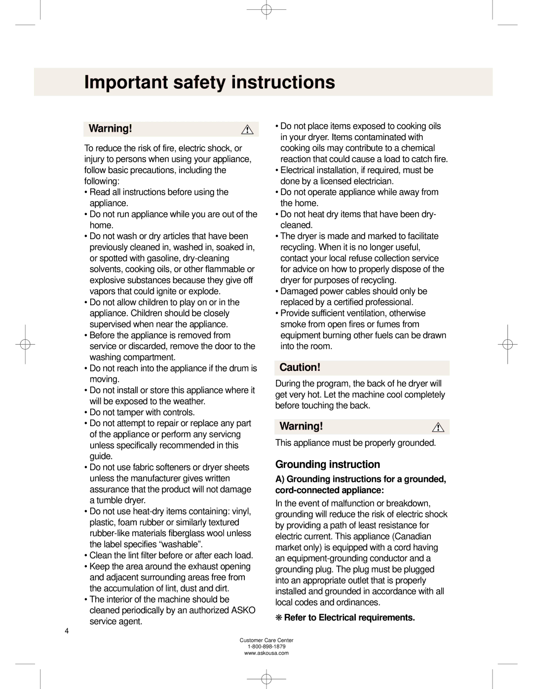 Asko TL751XXL operating instructions Important safety instructions, Grounding instruction, Refer to Electrical requirements 