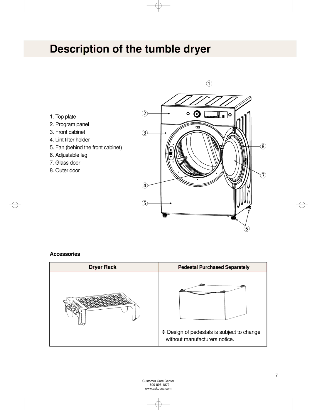 Asko TL751XXL operating instructions Description of the tumble dryer, Accessories Dryer Rack, Without manufacturers notice 