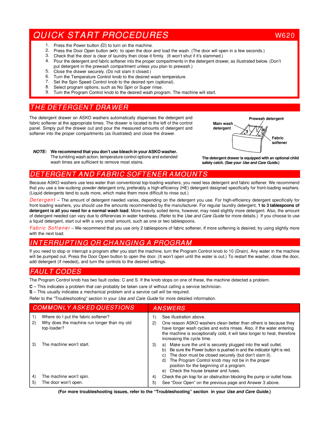 Asko W620 Detergent Drawer, Detergent and Fabric Softener Amounts, Interrupting or Changing a Program, Fault Codes 