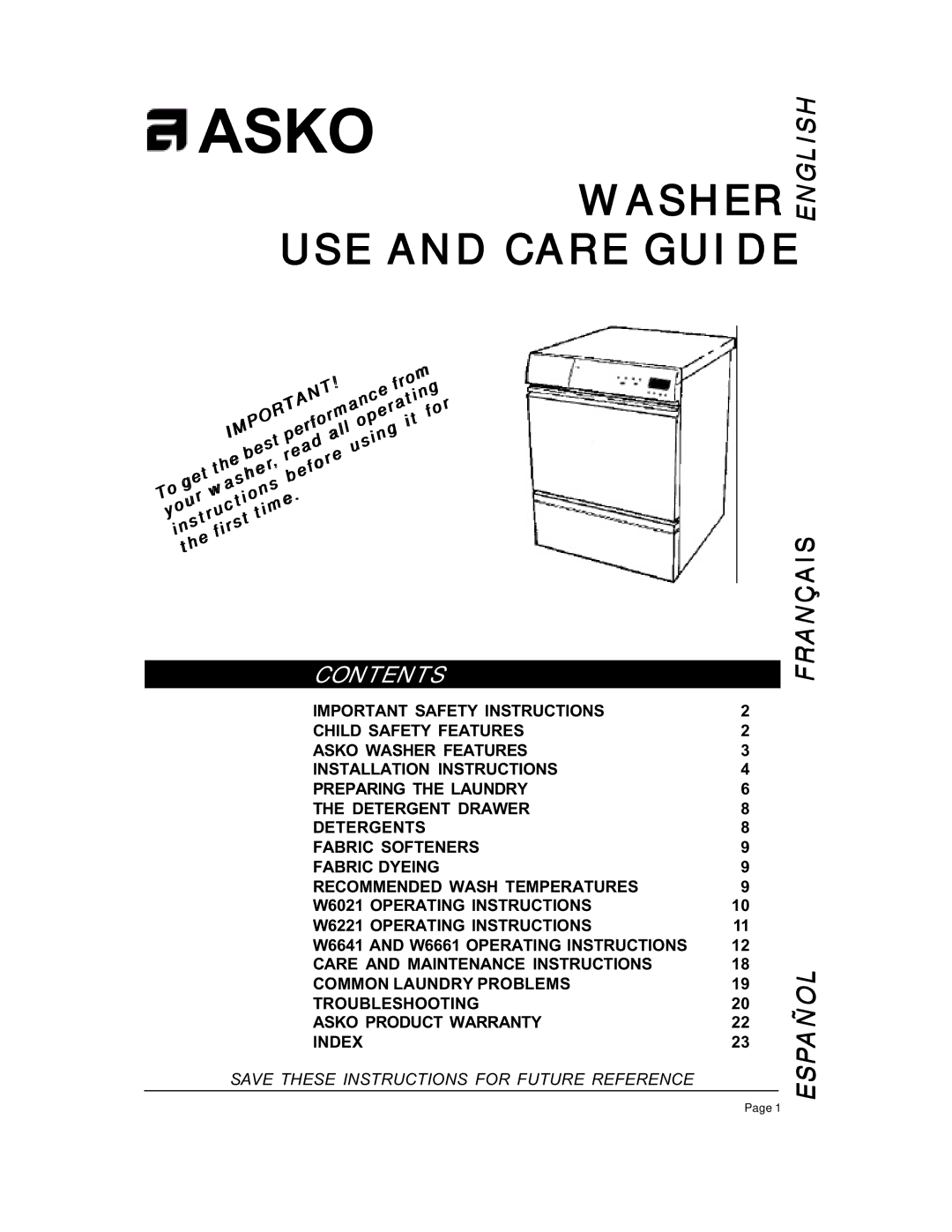 Asko W6641 W661 operating instructions USE and Care Guide 