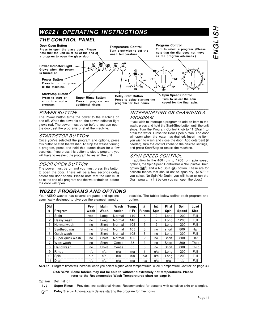 Asko W6641 W661 operating instructions W6221 Operating Instructions, W6221 Programs and Options, Spin Speed Control 