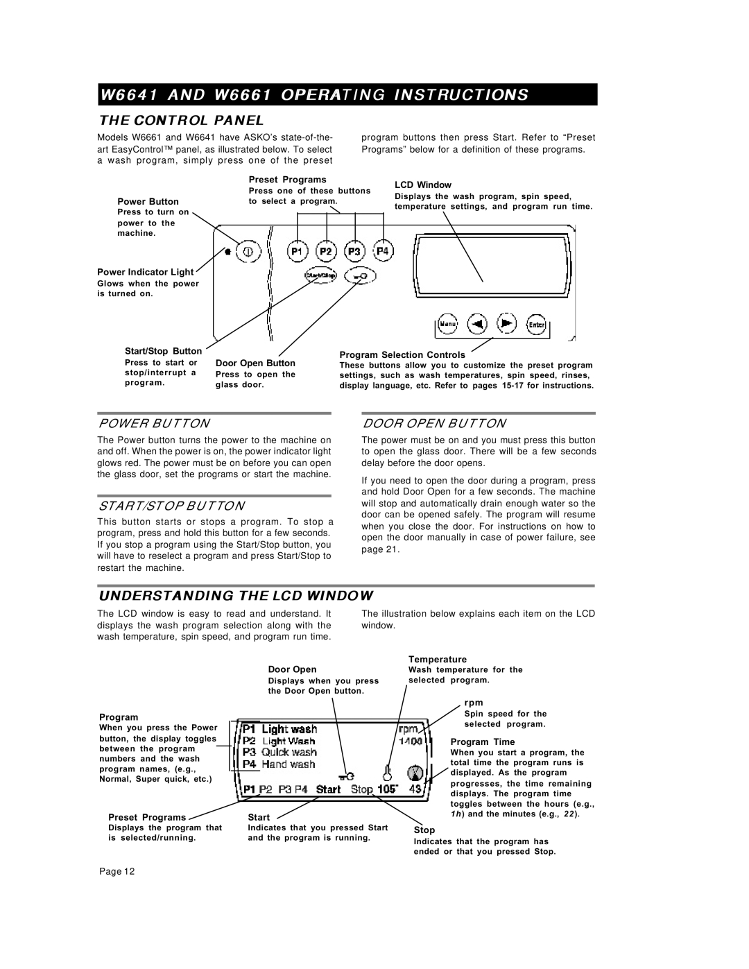 Asko W6641 W661 operating instructions W6641 and W6661 Operating Instructions, Understanding the LCD Window 