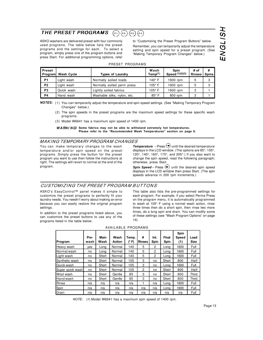 Asko W6641 W661 Preset Programs, Making Temporary Program Changes, Customizing the Preset Program Buttons 