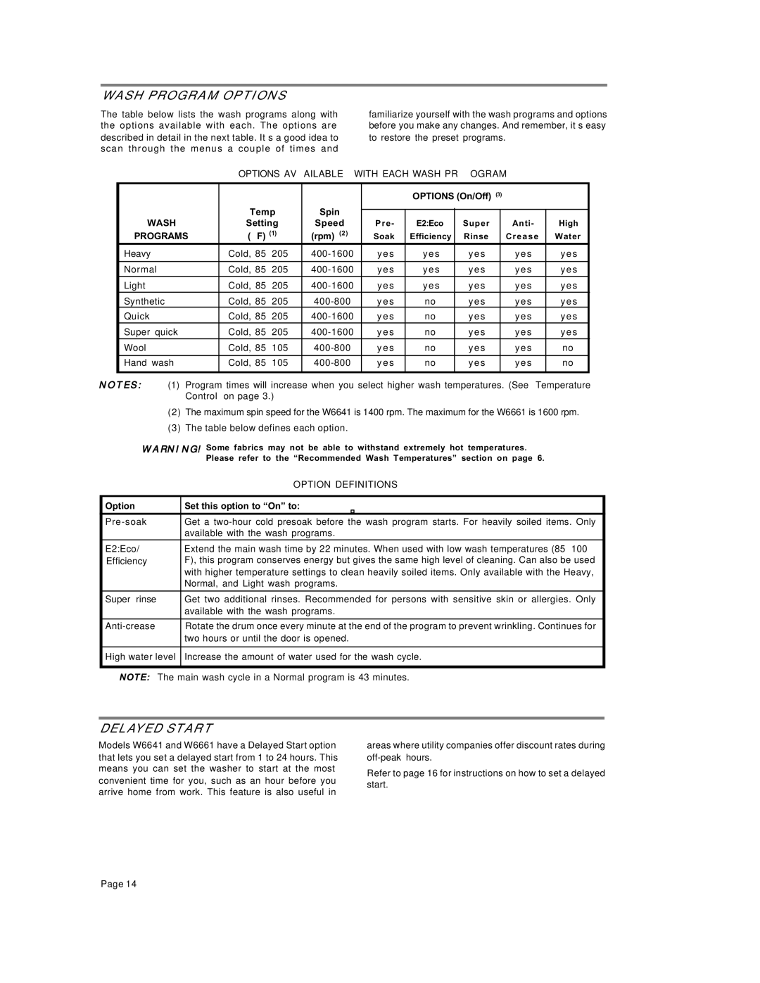 Asko W6641 W661 operating instructions Wash Program Options, Delayed Start, Options On/Off Temp Spin, Setting Speed 