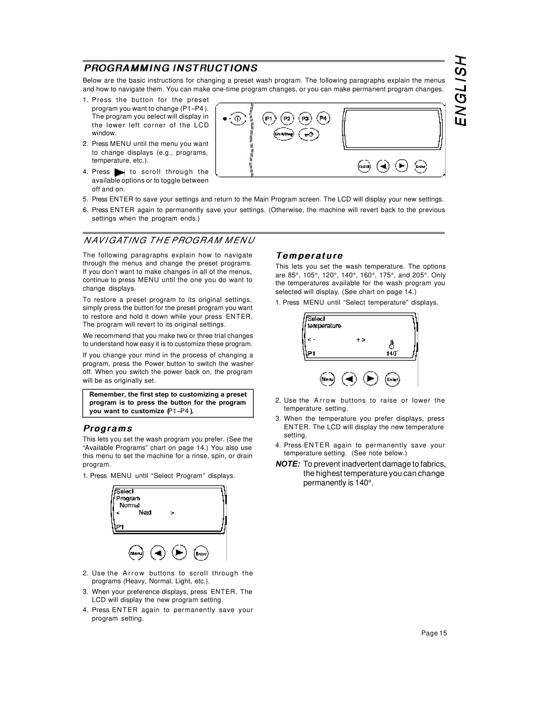 Asko W6641 W661 operating instructions Programming Instructions, Navigating the Program Menu, Programs, Temperature 