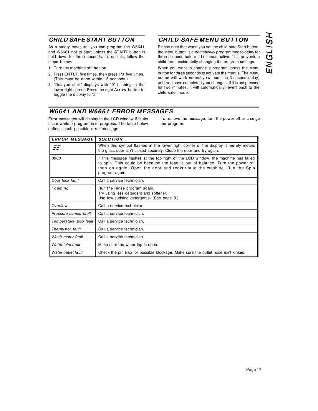 Asko W6641 W661 operating instructions CHILD-SAFESTART Button, CHILD-SAFE Menu Button, W6641 and W6661 Error Messages 