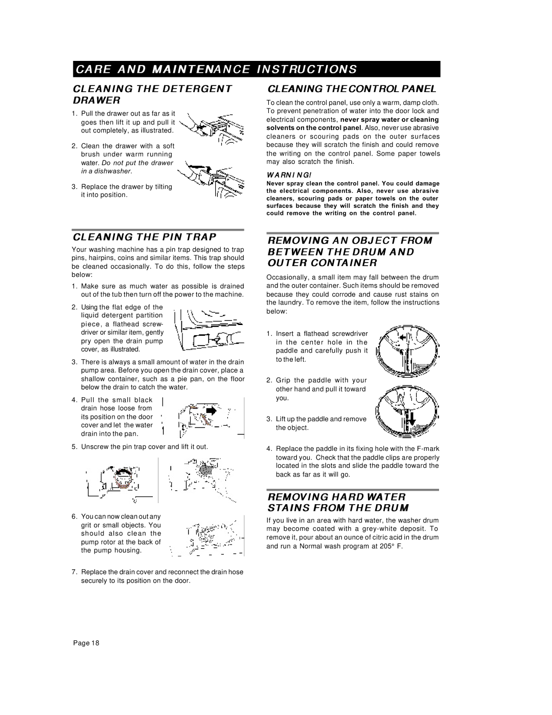 Asko W6641 W661 Care and Maintenance Instructions, Cleaning the Detergent Drawer, Cleaning Thecontrolpanel 