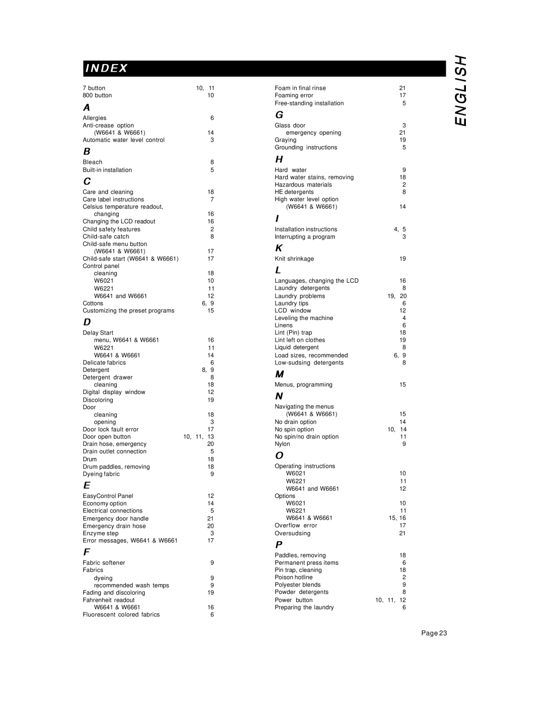 Asko W6641 W661 operating instructions Index 