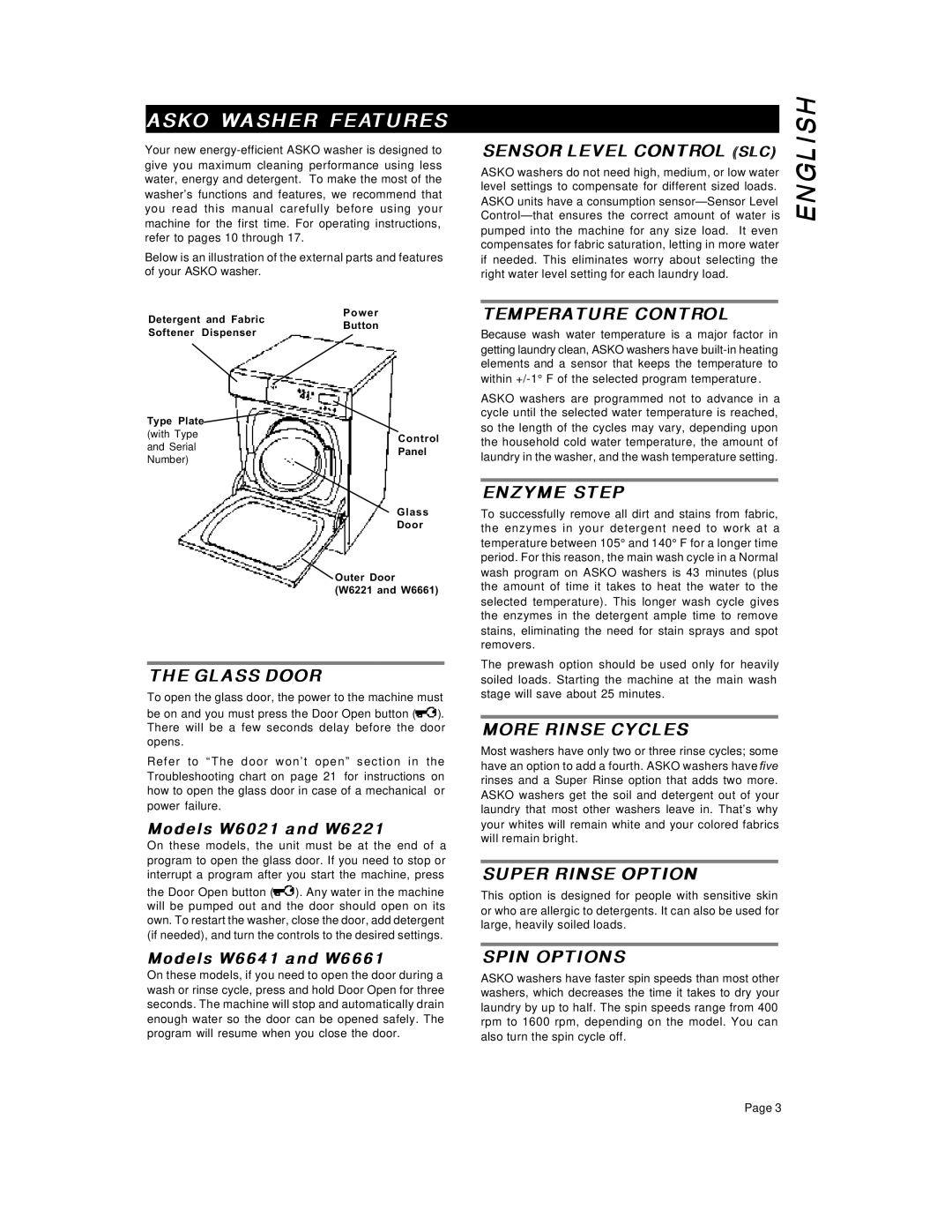 Asko W6641 W661 operating instructions Asko Washer Features 