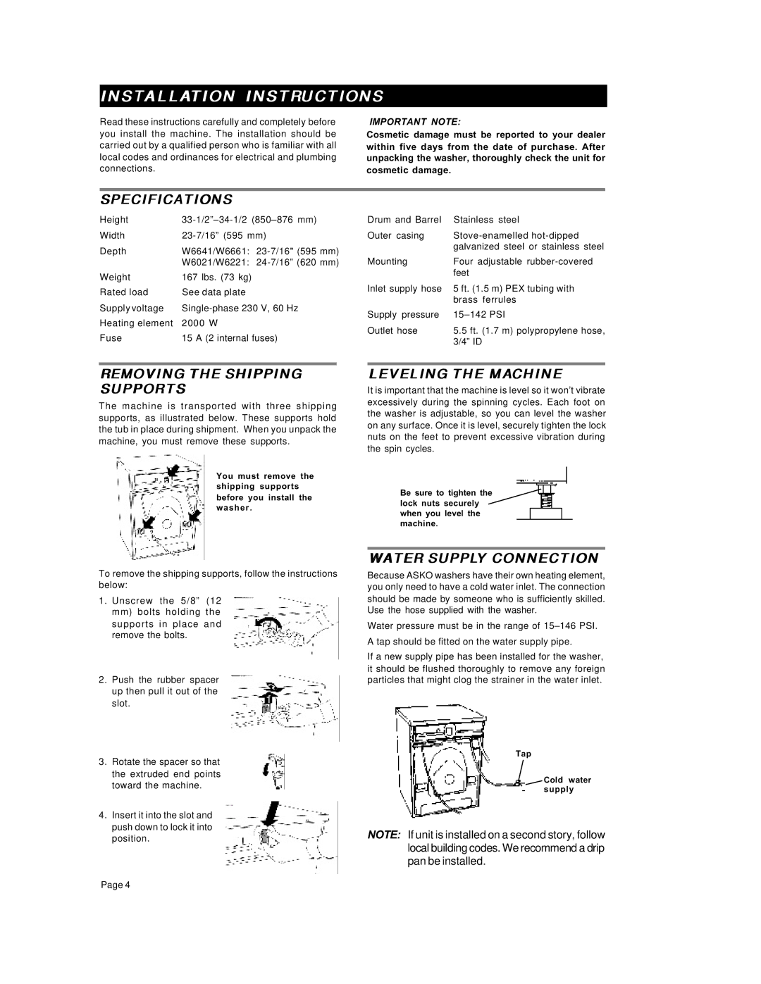 Asko W6641 W661 Installation Instructions, Specifications, Removing the Shipping Supports, Leveling the Machine 