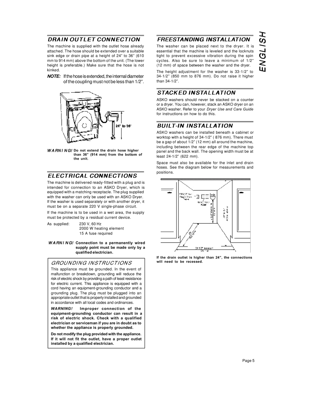 Asko W6641 W661 Drain Outlet Connection, Electrical Connections, Freestanding Installation, Stacked Installation 