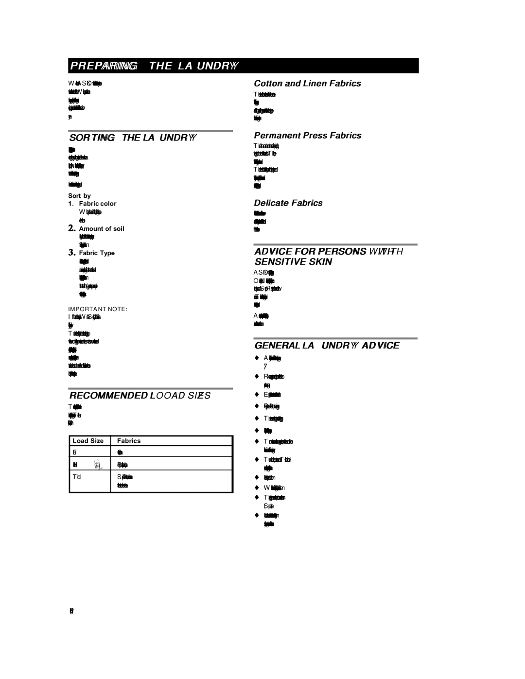 Asko W6641 W661 Preparing the Laundry, Sorting the Laundry, Recommended Load Sizes, Advice for Persons with Sensitive Skin 