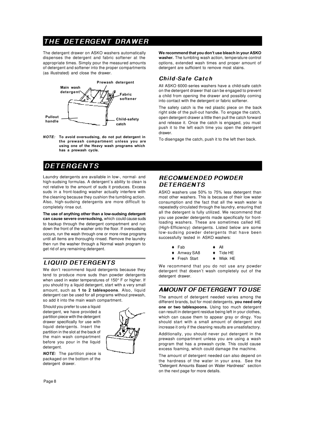 Asko W6641 W661 Detergent Drawer, Liquid Detergents, Recommended Powder Detergents, Amountofdetergenttouse 