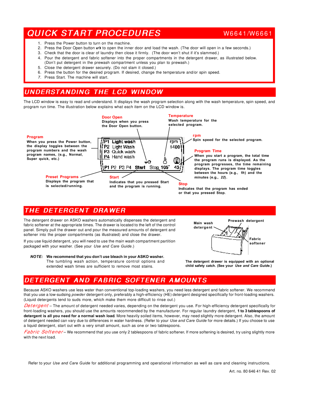 Asko W6661 quick start Understanding the LCD Window, Detergent Drawer, Detergent and Fabric Softener Amounts 