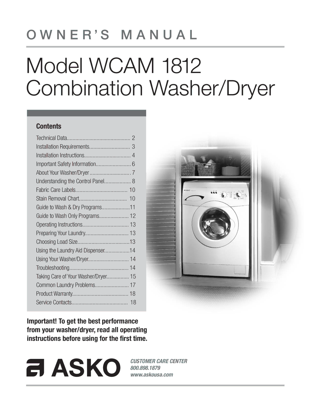 Asko WCAM 1812 owner manual Model Wcam 1812 Combination Washer/Dryer, Contents 