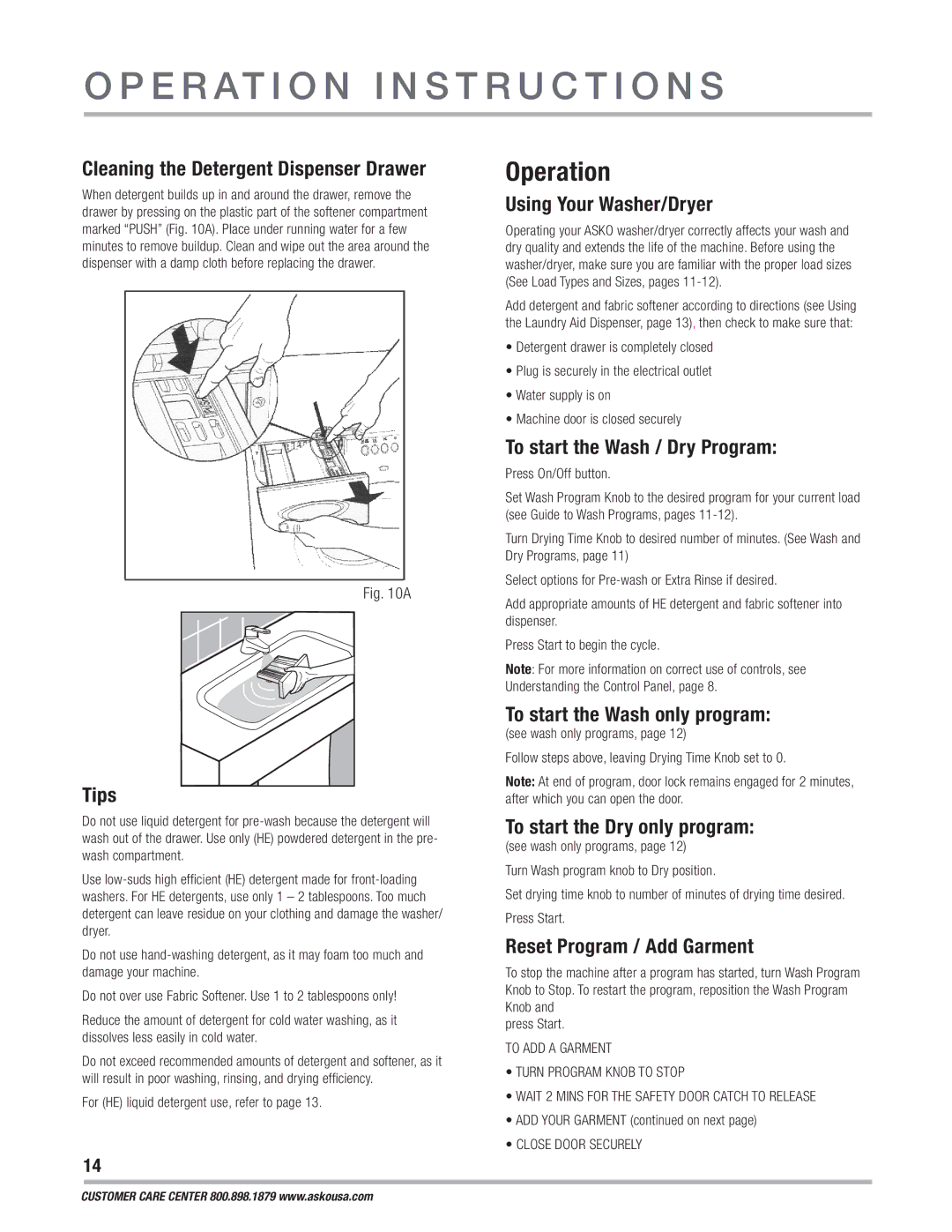 Asko WCAM 1812 owner manual Operation 