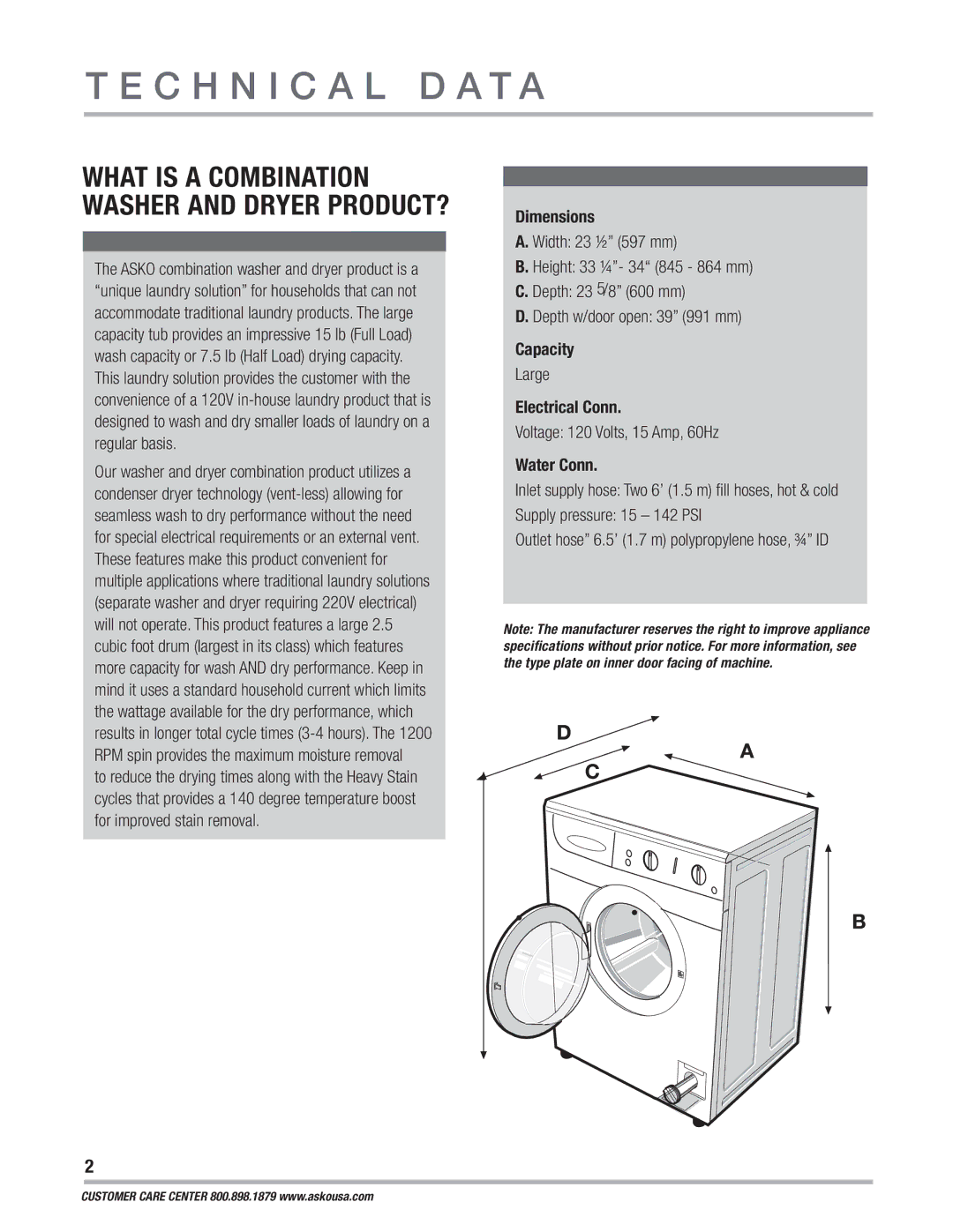 Asko WCAM 1812 owner manual C H N I C a L D a T a, What is a Combination Washer and Dryer PRODUCT? 