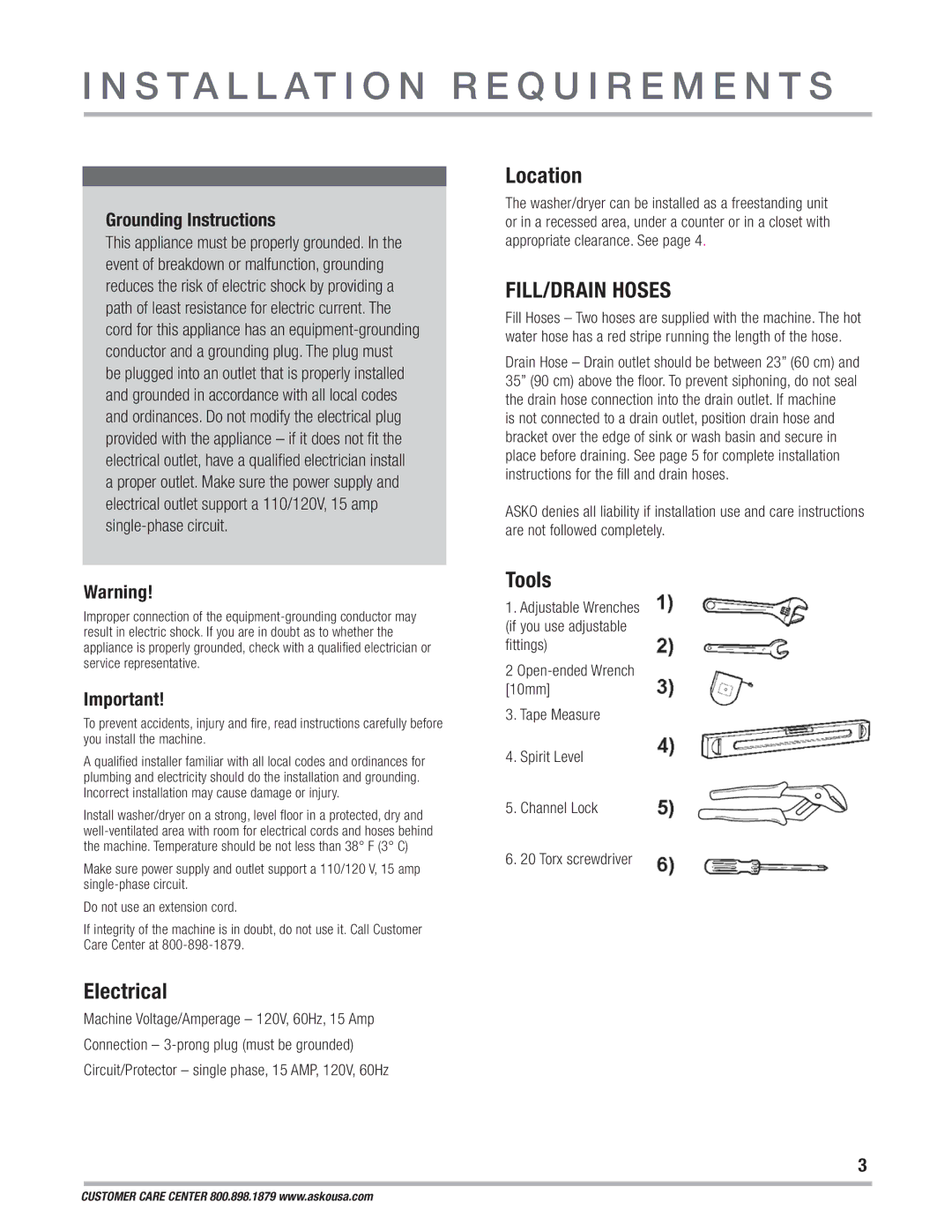 Asko WCAM 1812 owner manual S Ta L L At I O N R E Q U I R E M E N T S, Electrical, Location, Tools 