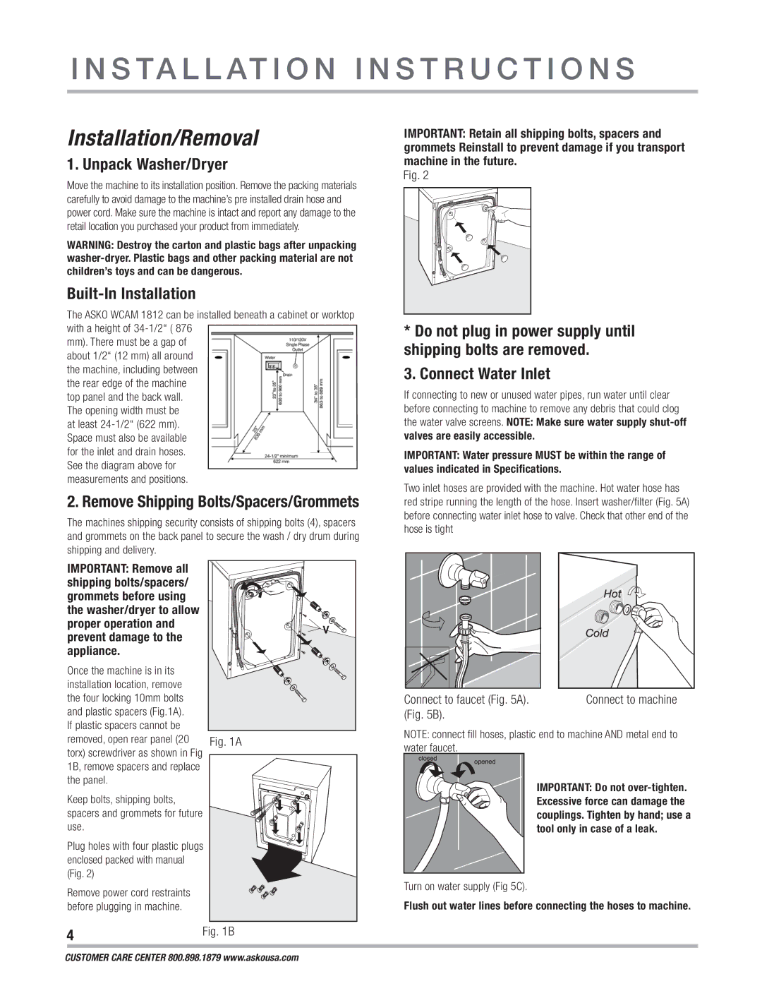 Asko WCAM 1812 S Ta L L At I O N I N S T R U C T I O N S, Unpack Washer/Dryer, Built-In Installation, Connect Water Inlet 