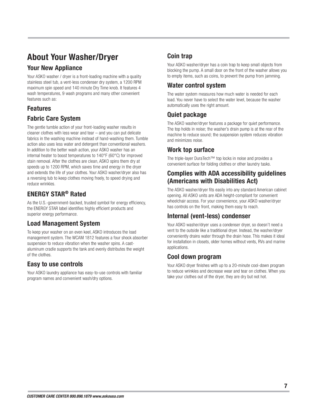 Asko WCAM 1812 owner manual About Your Washer/Dryer 