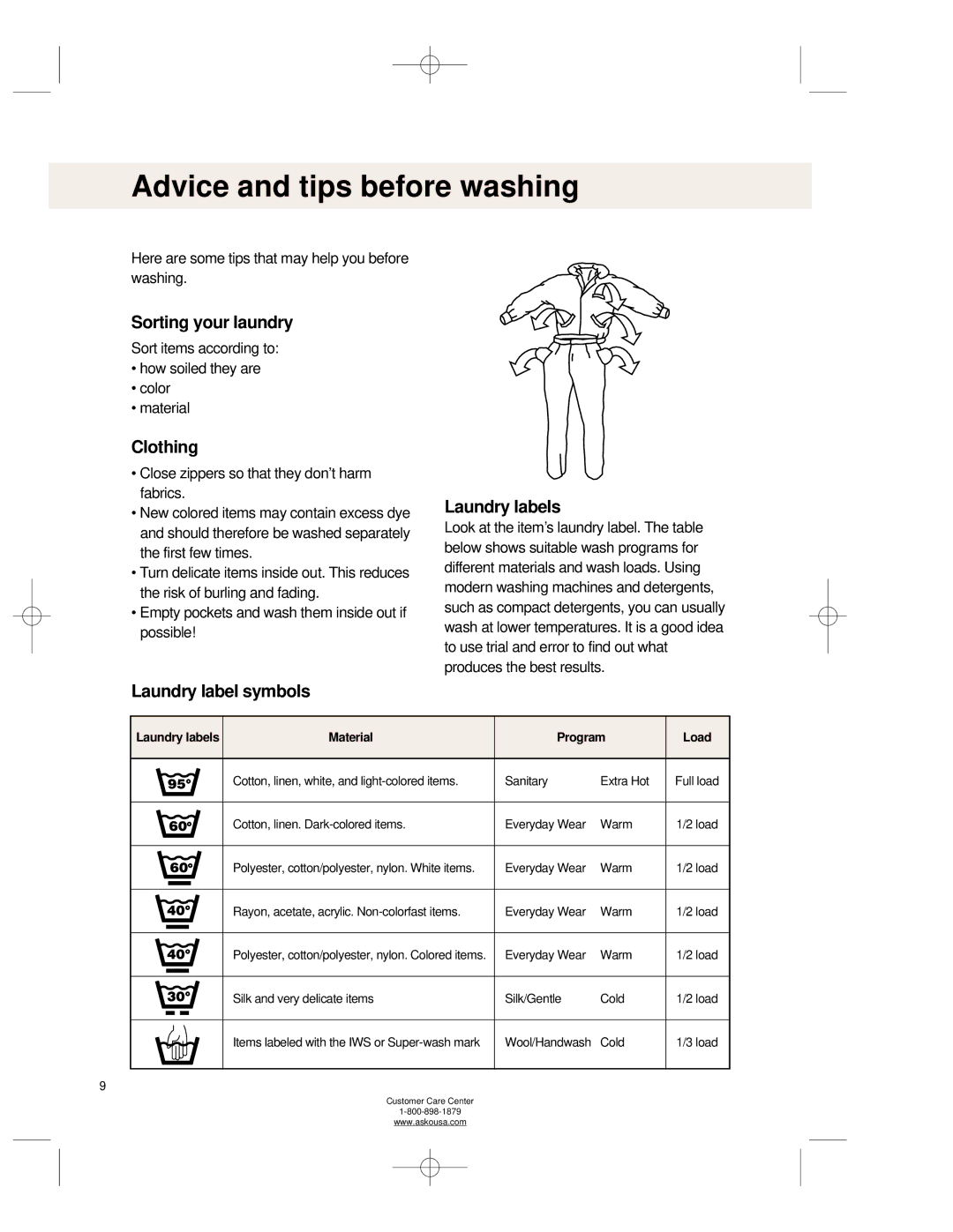 Asko WL6511XXL operating instructions AdviceContentsand tips before washing 