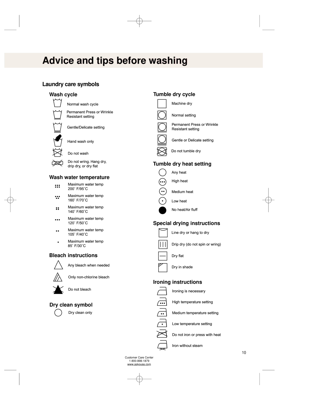 Asko WL6511XXL operating instructions Advice and tips before washing, Laundry care symbols, Tumble dry cycle 