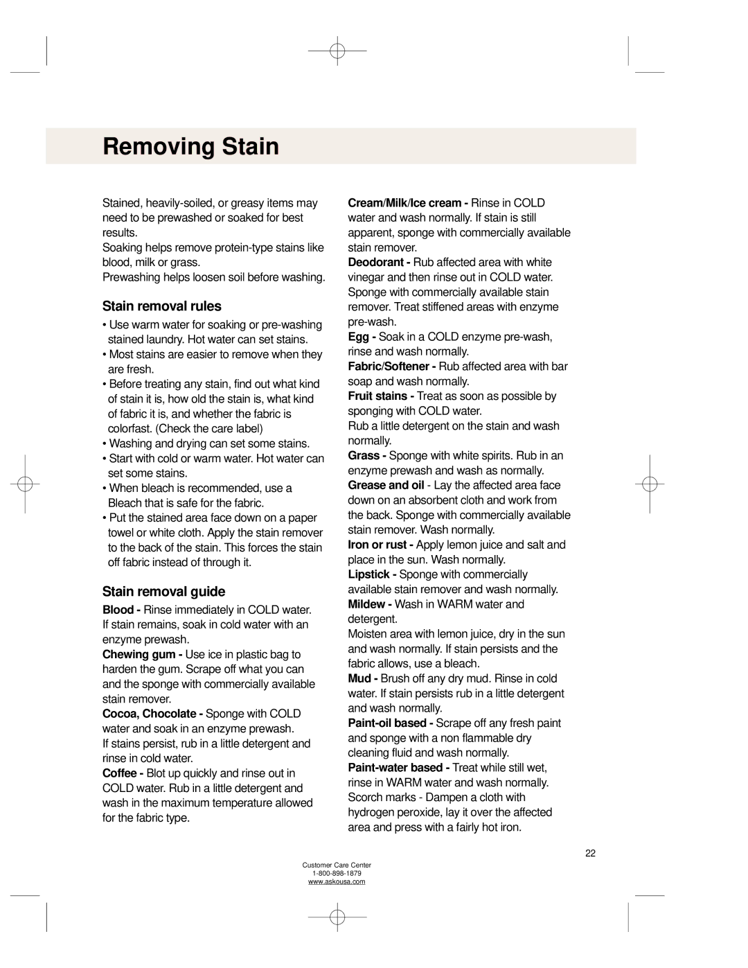 Asko WL6511XXL operating instructions Removing Stain, Stain removal rules, Stain removal guide 