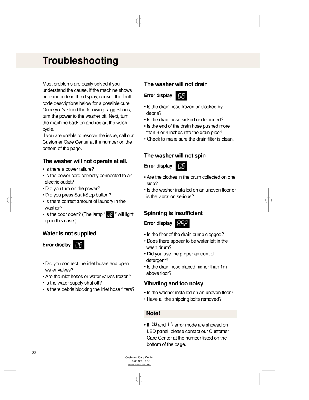 Asko WL6511XXL operating instructions Troubleshooting 