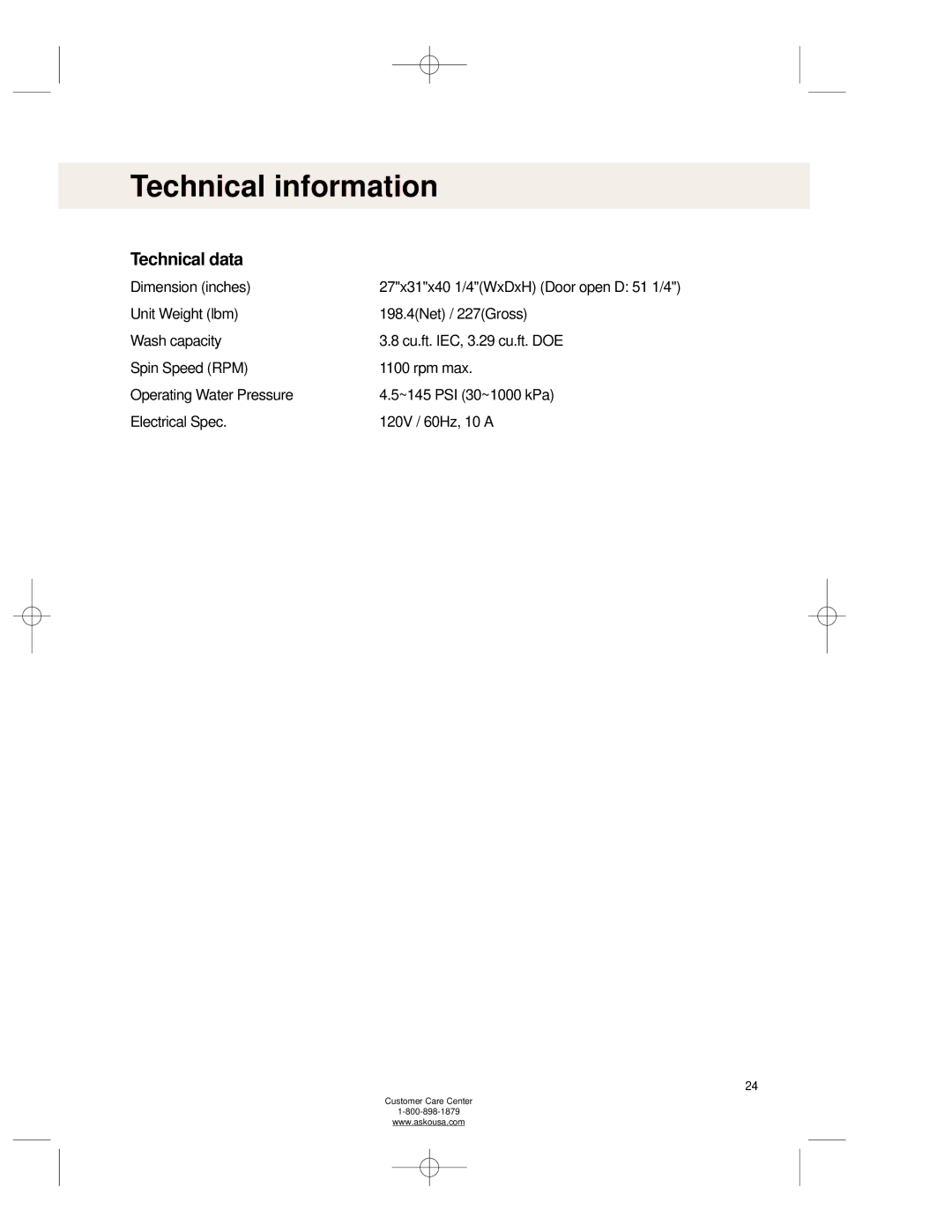 Asko WL6511XXL operating instructions Technical information, Technical data 