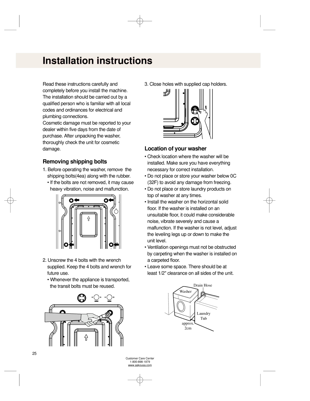 Asko WL6511XXL operating instructions Installation instructions, Location of your washer 