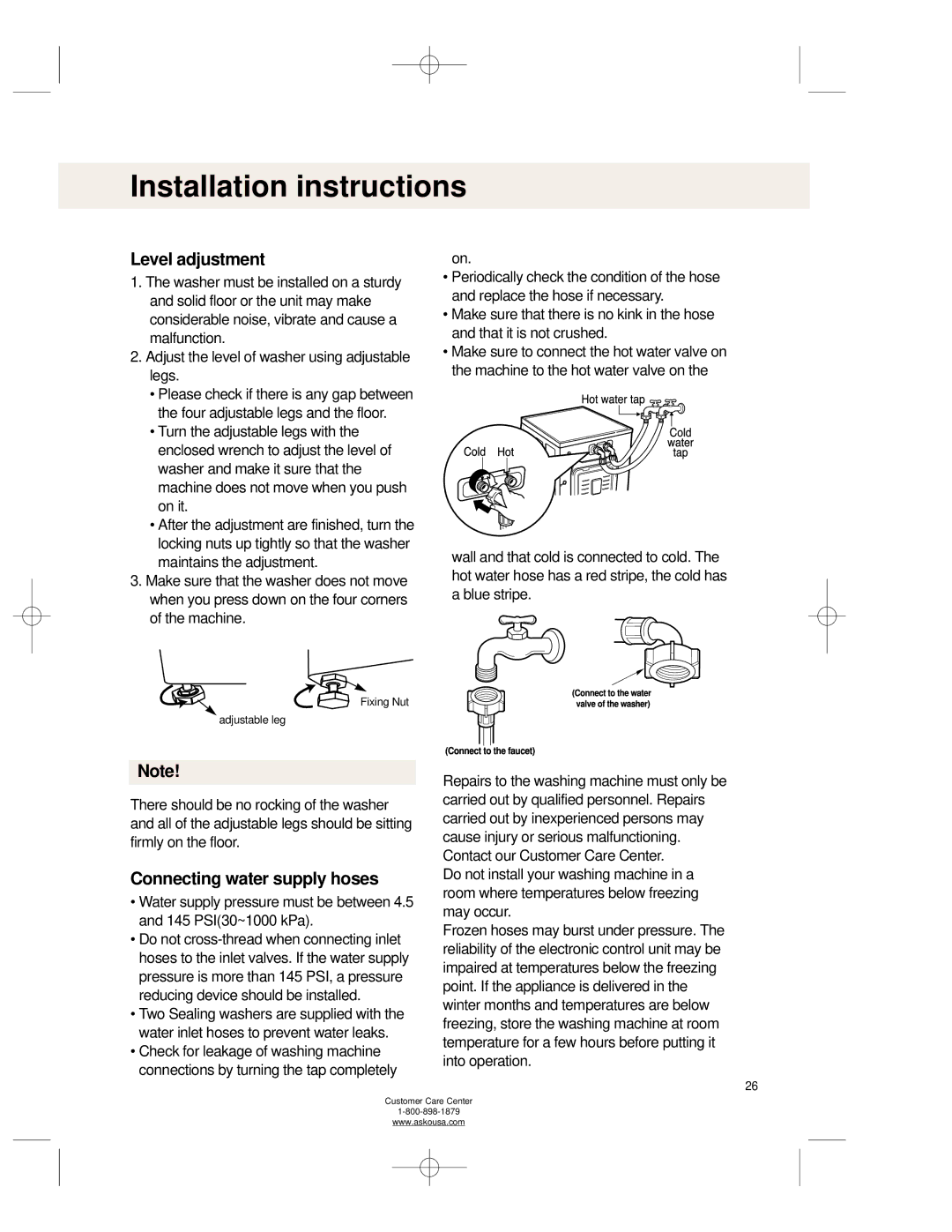 Asko WL6511XXL operating instructions Level adjustment, Connecting water supply hoses 