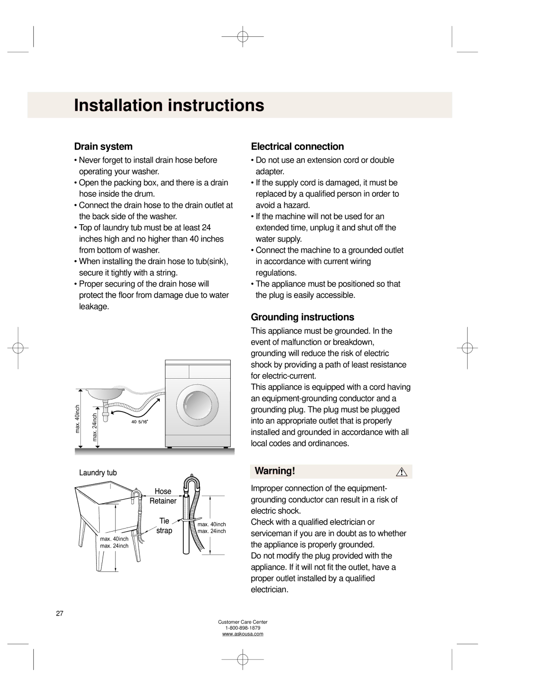 Asko WL6511XXL operating instructions Drain system, Electrical connection 