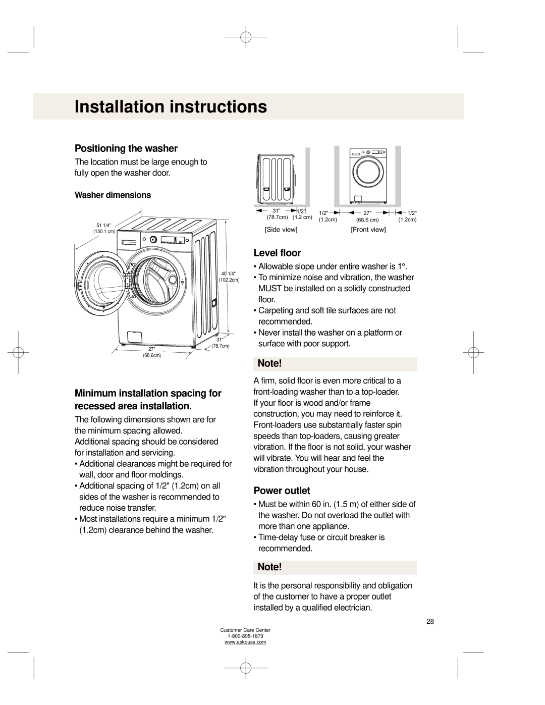 Asko WL6511XXL Positioning the washer, Level floor, Minimum installation spacing for recessed area installation 