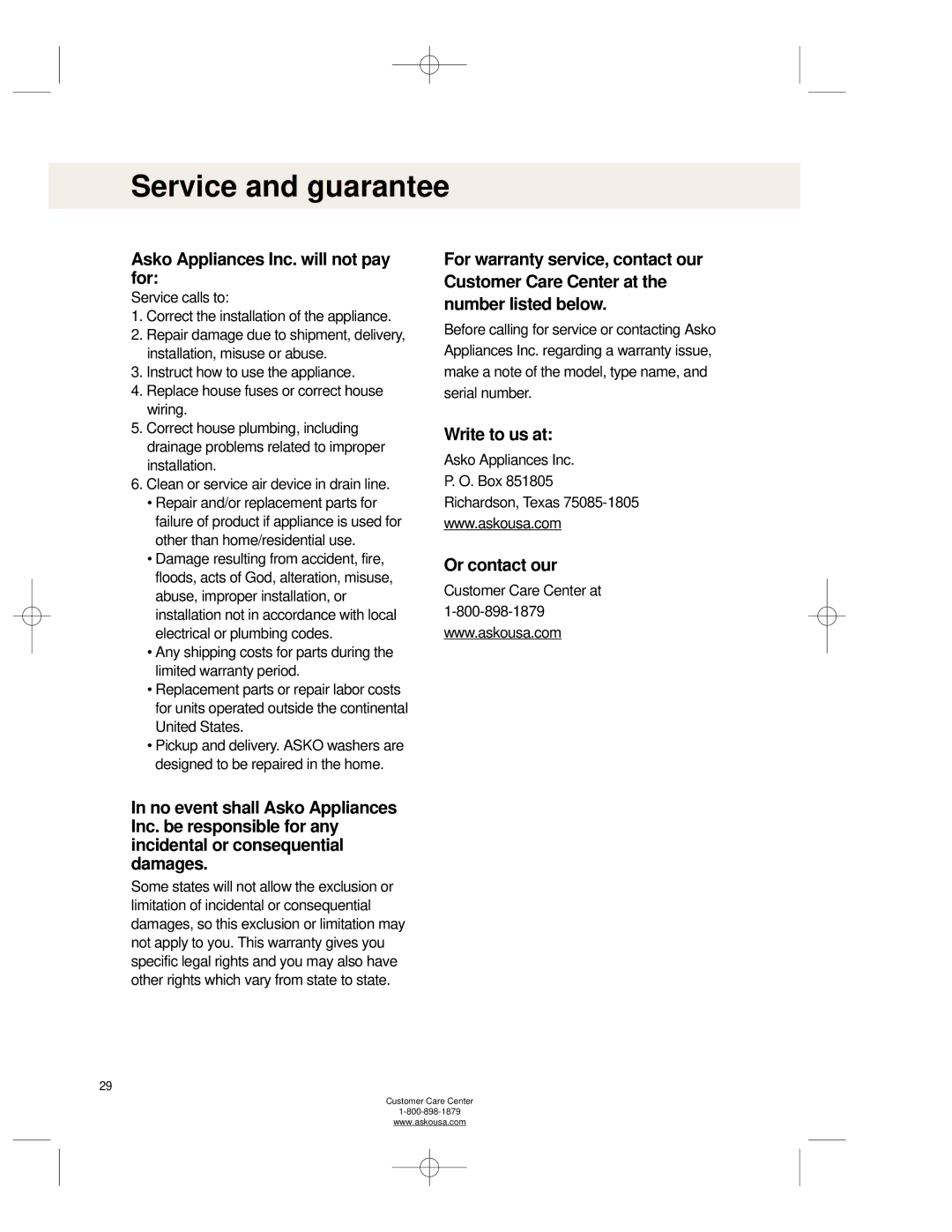 Asko WL6511XXL Service and guarantee, Asko Appliances Inc. will not pay for, Write to us at, Or contact our 