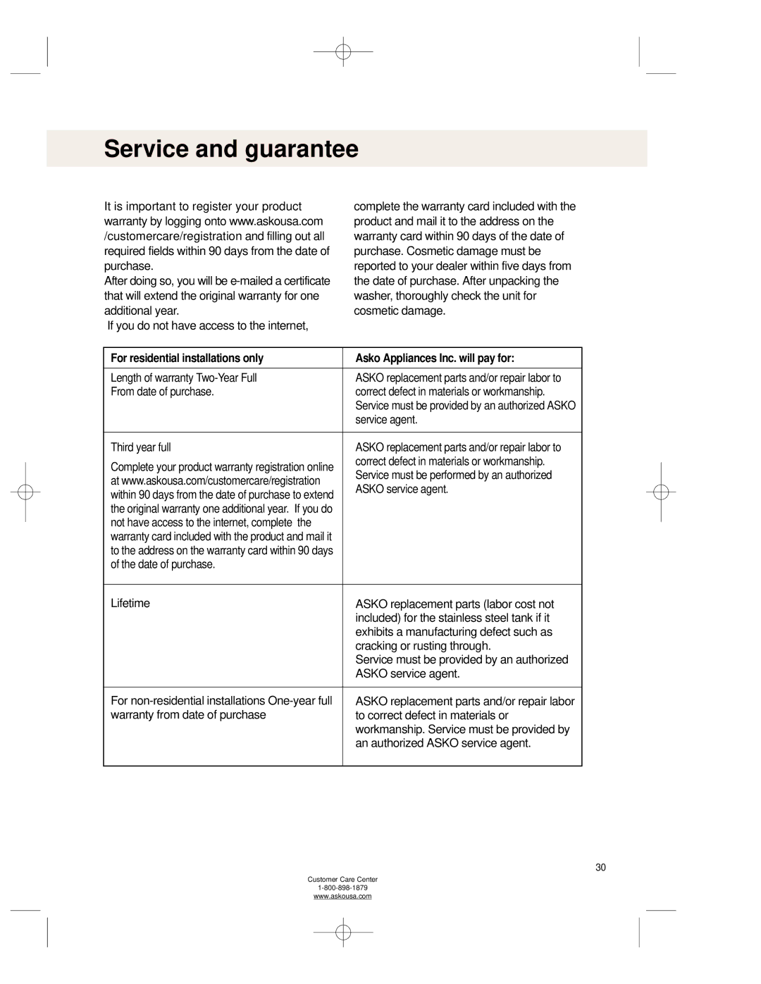 Asko WL6511XXL operating instructions Length of warranty Two-Year Full 