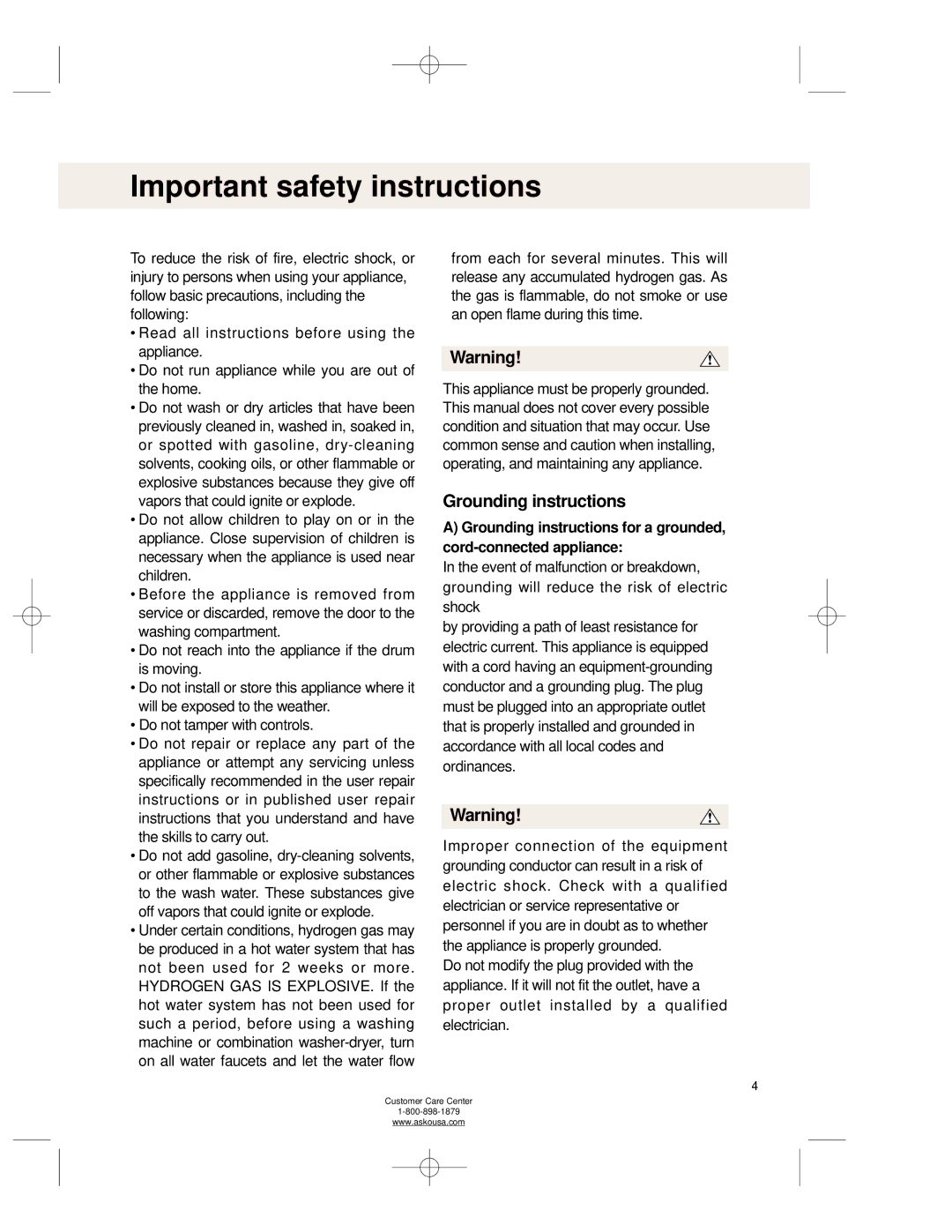 Asko WL6511XXL operating instructions Important safety instructions, Grounding instructions 