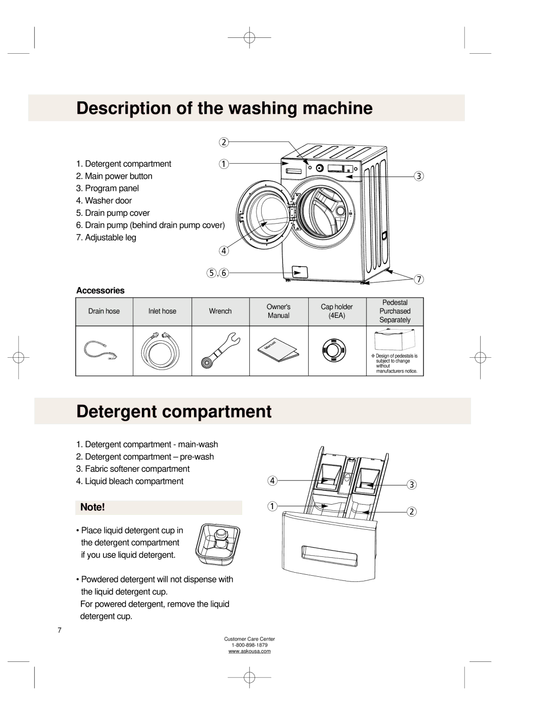 Asko WL6511XXL operating instructions Description of the washing machine, Detergent compartment, Accessories 