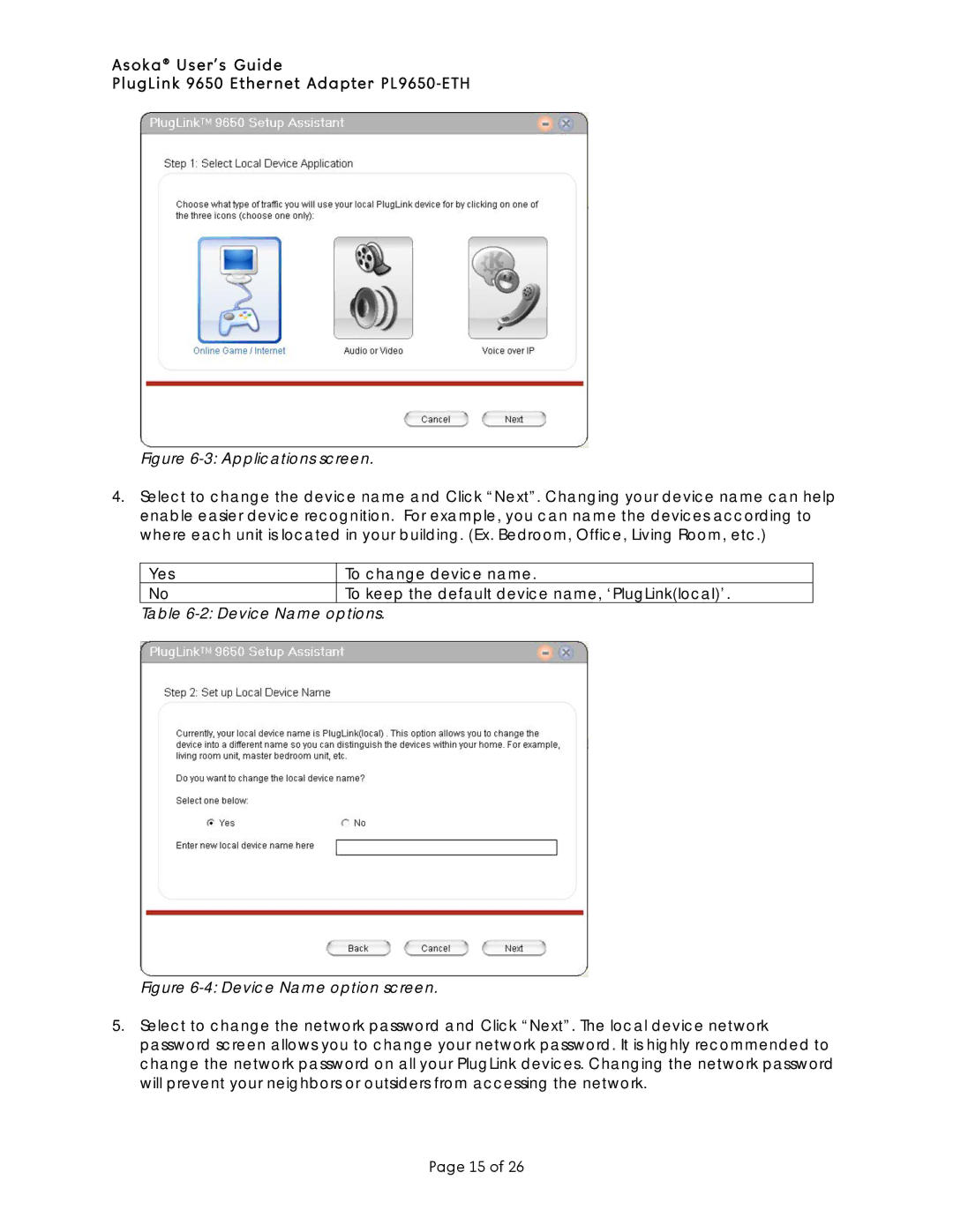 Asoka PL9650-ETH manual Applications screen, Device Name options 